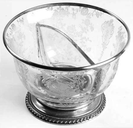 Rose Point (Sterling, Hollowware) Divided Crystal Mayonnaise Bowl with Sterling Base