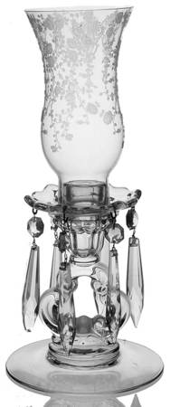 Rose Point Clear Keyhole Hurricane W/Globe, Bobeche & 6 Prisms