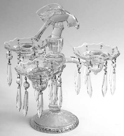 Rose Point Clear 3 Light Candelabra with Prisms and Bird