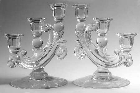 Rose Point Clear Pair of Three Light Candlestick