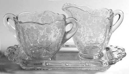 Rose Point Clear Creamer, Sugar and Etched Tray Set-3900/39