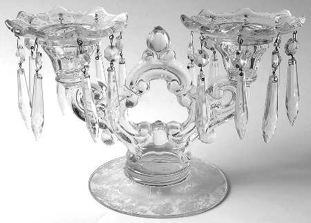 Rose Point Clear 3400 2 Light Candelabrum w/ 2 Bobeches 16 Prisms