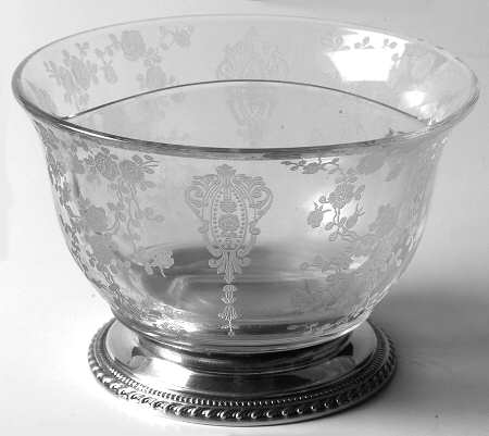 Rose Point (Sterling, Hollowware) Divided Crystal Salad Dressing Bowl W/Sterling Base