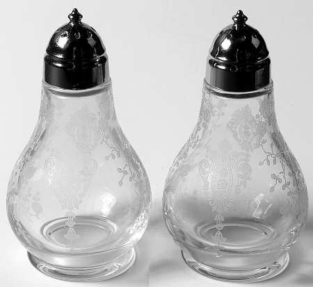 Rose Point Clear Footed Shaker Set & Metal Lids