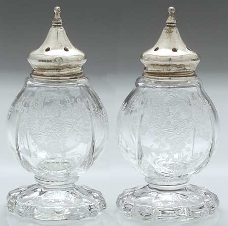 Rose Point Clear 3400/76 Footed Shaker Set with Metal Lids