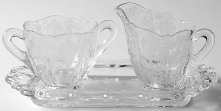 Rose Point Clear Creamer, Sugar & Etched Tray Set Mini