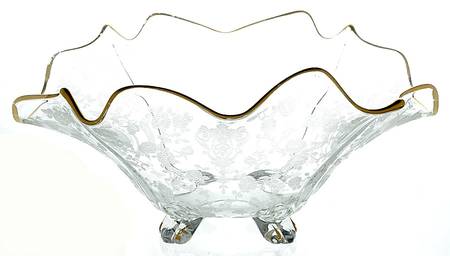 Rose Point Clear (Stem 3500, Gold Trim, Etched) 3400 11" 4 Toed Fancy Edge Bowl