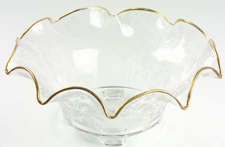 Rose Point Clear (Stem 3500, Gold Trim, Etched) Footed Crimped Bowl
