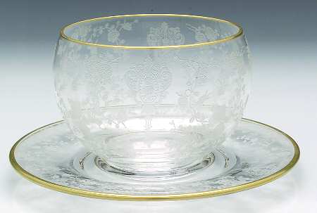 Rose Point Clear (Stem 3500, Gold Trim, Etched) Mayonnaise Bowl and Underplate