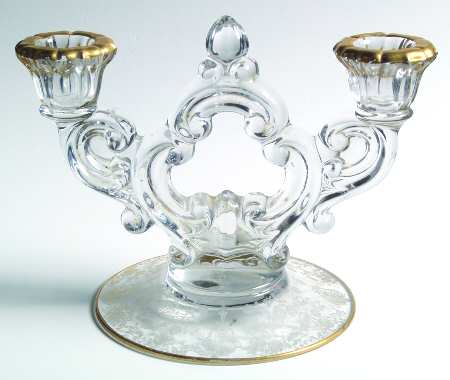 Rose Point Clear (Stem 3500, Gold Trim, Etched) 3400/647 2 Light Candlestick (Round Base)