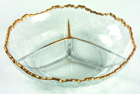 Rose Point Clear (Stem 3500, Gold Trim, Etched) 6" Round 3 Part Relish