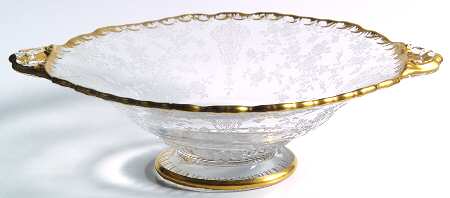 Rose Point Clear (Stem 3500, Gold Trim, Etched) Round Low Handled Comport (Height X Width)