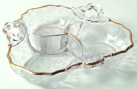 Rose Point Clear (Stem 3500, Gold Trim, Etched) 3400/91 3 Part Candy/Relish