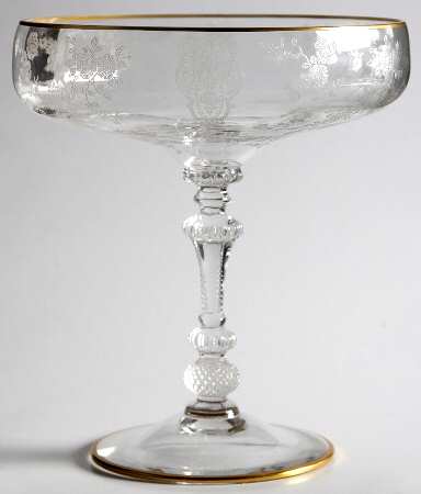 Rose Point Clear (Stem 3500, Gold Trim, Etched) Tall Comport (Height X Width)