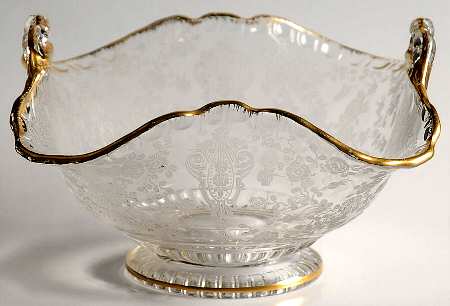 Rose Point Clear (Stem 3500, Gold Trim, Etched) 6" Basket with 2 Handles