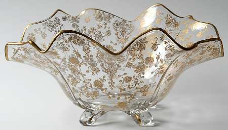 Rose Point Clear (Stem 3500, Gold Encrusted) 3400 Oblong Ruffled Four Toed Bowl