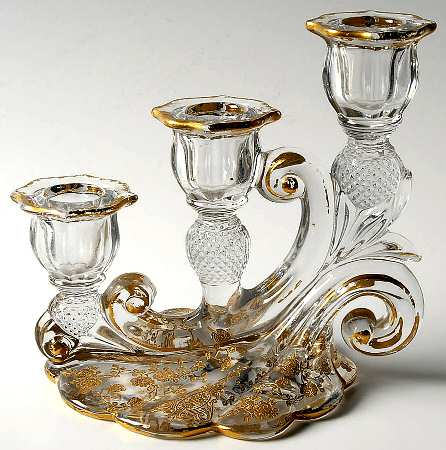 Rose Point Clear (Stem 3500, Gold Encrusted) 3400/1338 3 Light Candlestick, Crosshatched