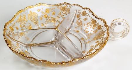 Rose Point Clear (Stem 3500, Gold Encrusted) #3500 61 Round 3 Part Relish with Loop Handle