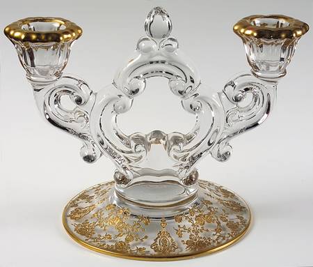 Rose Point Clear (Stem 3500, Gold Encrusted) 3400/647 2 Light Candlestick (Round Base)