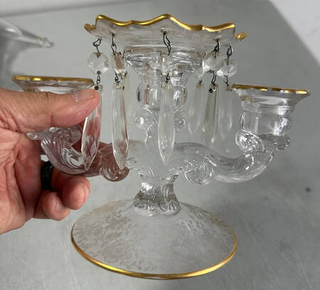 Wildflower Clear (Gold Trim, Stem 3121) 3 Light Candlestick w/Bobeche & 8 Prisms