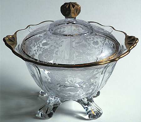 Wildflower Clear (Gold Trim, Stem 3121) 3400/9 Four Toed Candy Dish with Lid by Cambridge