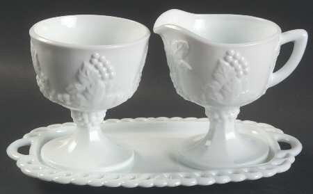Harvest Milk Glass Creamer, Sugar and Tray Set