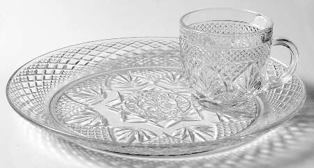 Antique Clear (No Knob, 6 Sided Stem) Snack Plate & Cup Set