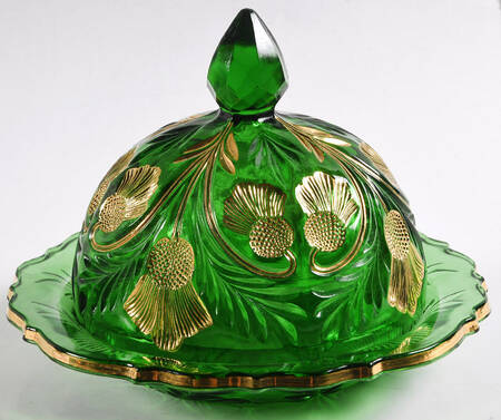 Thistle Emerald Green and Gold Round Covered Butter