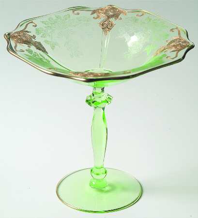 Apple Blossom Emerald Green (Gold Trim) Round Compote (Height X Width)