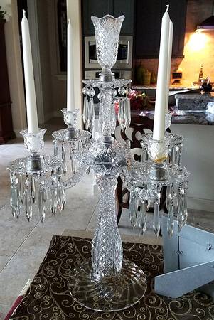 Sandwich Clear (Stem 41) 5 Light Candelabra w/ 5 Bobeches 60 Prisms & Vase