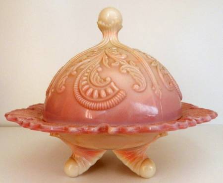 Inverted Fan and Feather Pink (Opaque) Round Covered Butter