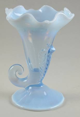 Three Feather Blue (Opalescent) Cornucopia Vase