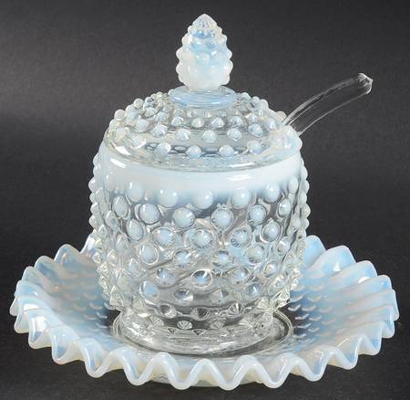 Hobnail French (Opalescent) Jam/Jelly with Lid, Spoon and Underplate by Fenton