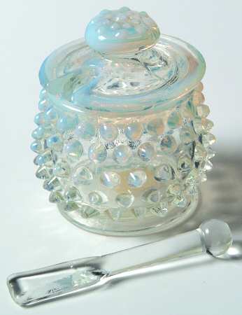 Hobnail French (Opalescent) Mustard & Lid with Spoon by Fenton