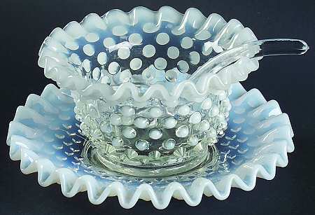 Hobnail French (Opalescent) Mayonnaise Bowl, Underplate and Ladle by Fenton