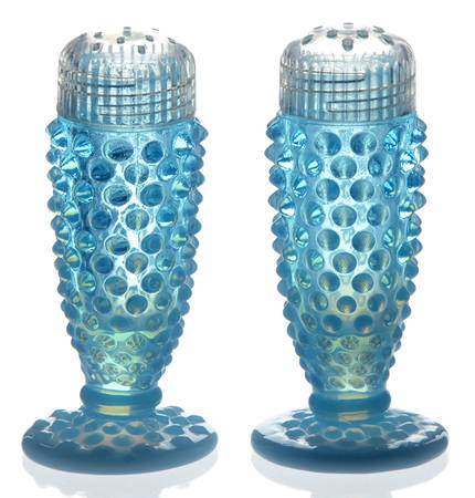 Hobnail Blue (Opalescent) Footed Shaker Set & Plastic Lids