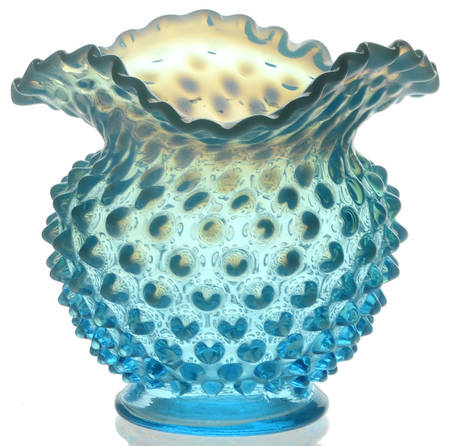 Hobnail Blue (Opalescent) 4" Crimped Triangle Vase
