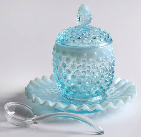 Hobnail Blue (Opalescent) Jam/Jelly with Lid, Spoon and Underplate
