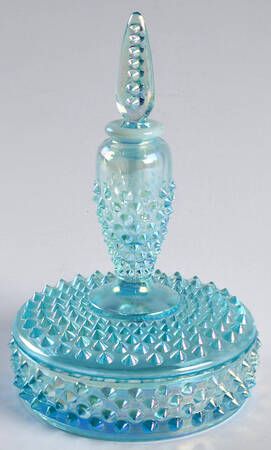 Hobnail Blue (Opalescent) Puff Box with Perfume Finial & Stopper