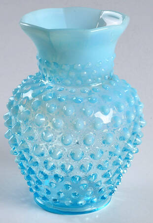 Hobnail Blue (Opalescent) 5 1/2" Crimped Octagonal Vase