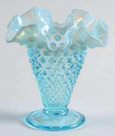Hobnail Blue (Opalescent) 5" Footed Double Crimped Vase