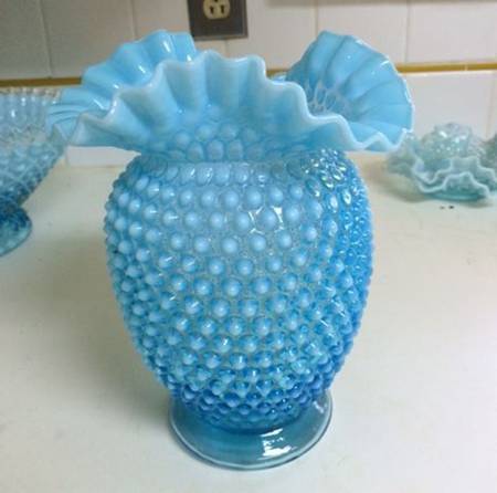 Hobnail Blue (Opalescent) 8" Crimped Triangle Vase