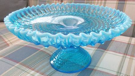 Hobnail Blue (Opalescent) Footed Shallow Bowl