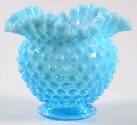 Hobnail Blue (Opalescent) 4" Crimped Square Vase