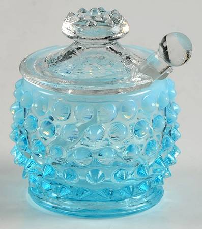 Hobnail Blue (Opalescent) Mustard & Lid with Spoon