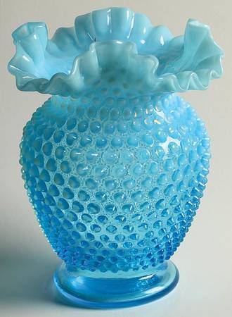 Hobnail Blue (Opalescent) 6" Crimped Square Vase
