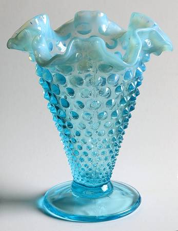 Hobnail Blue (Opalescent) 6" Footed Double Crimped Vase