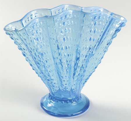 Hobnail Blue (Opalescent) 8" Footed Crimped Fan Vase