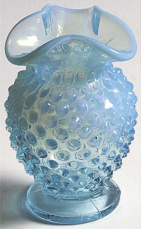 Hobnail Blue (Opalescent) 4" Crimped Triangle Vase