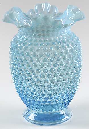 Hobnail Blue (Opalescent) 8" Double Crimped Vase